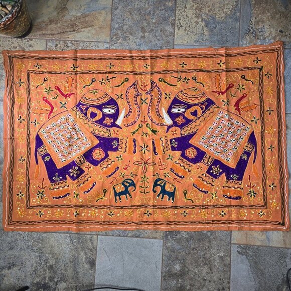 Handmade Embroidered Elephant Tablecloth/Wall Hanging Sequins Folk Art India - Picture 1 of 7